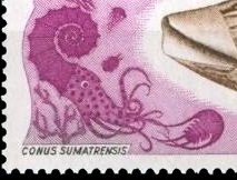 Stylized ammonite and trilobite  on stamp with face value of 10F