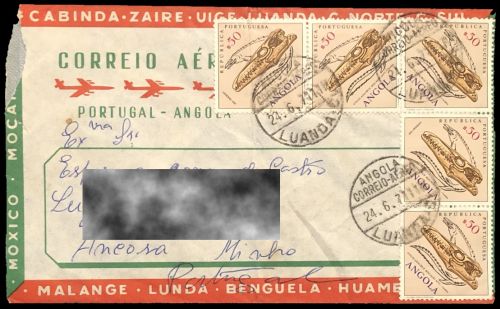 Regular letter from Angola, with stamps of Angolasaurus from Fossils and Minerals  set from 1970, sent to Portugal in 1971