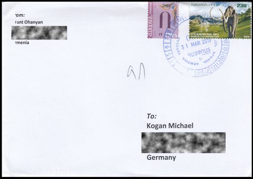 Regular letter from Armenia, with stamp of Mammuthus trogontherii from 2019, sent to Germany in 2019