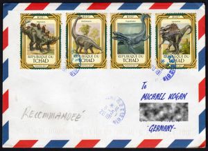 Regular letter from Chad, with dinosaur stamps from 2017, sent to Germany in 2018