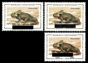 Protoceratops dinosaur on surcharged stamp of Madagascar 1998
