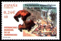 Paleoanthropological excavation at Atapuerca and a skull of Homo erectus on stamp of Spain 2001