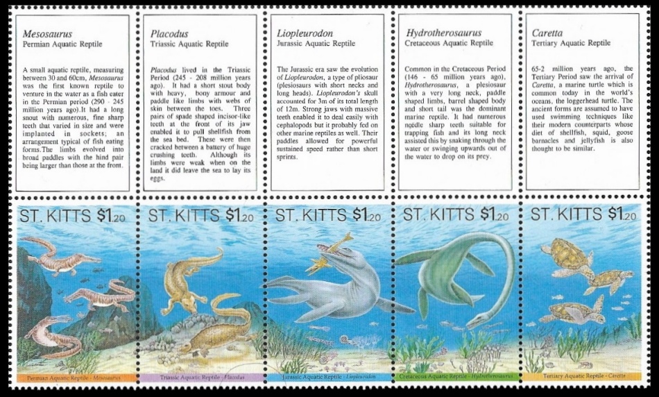 Gutter pair of stamps with prehistoric animals of Saint Kitts 1994