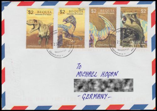 Regular letter from Bequia, with stamps of prehistoric animals from 2005, sent to Germany in 2023