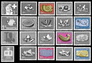 Fossils on Pro Patria stamps of Switzerland 1958-1961