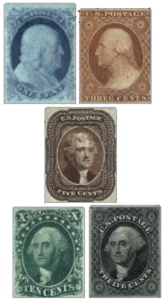 Thomas Jefferson's stamp in multi-year definitive set of 5 stamps, USA 1851-1856