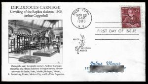 Diplodocus carnegii on FDC with Andrew Carnegie stamp of USA 1960