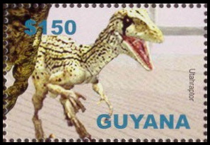 Utahraptor dinosaur on stamp of Guyana 2005