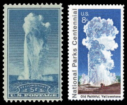The Yellowstone National Parkon stamp of USA 1935 and 1972