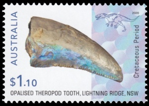 Opalised theropod tooth from Lightning Ridge, NSW on stamps of Australia 2020