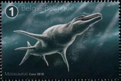 Mosasaur reconstruction on stamp of Belgium 2018