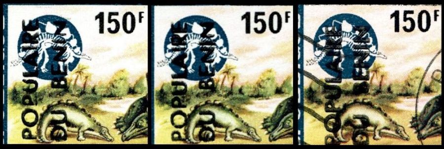 Surcharge variation of overprinted stamp of Stegosaurus from prehistoric stamps set of Dahomey 1974
