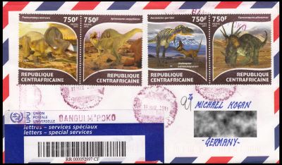 Circulated cover with dinosaur on stamps of Central African Republic
