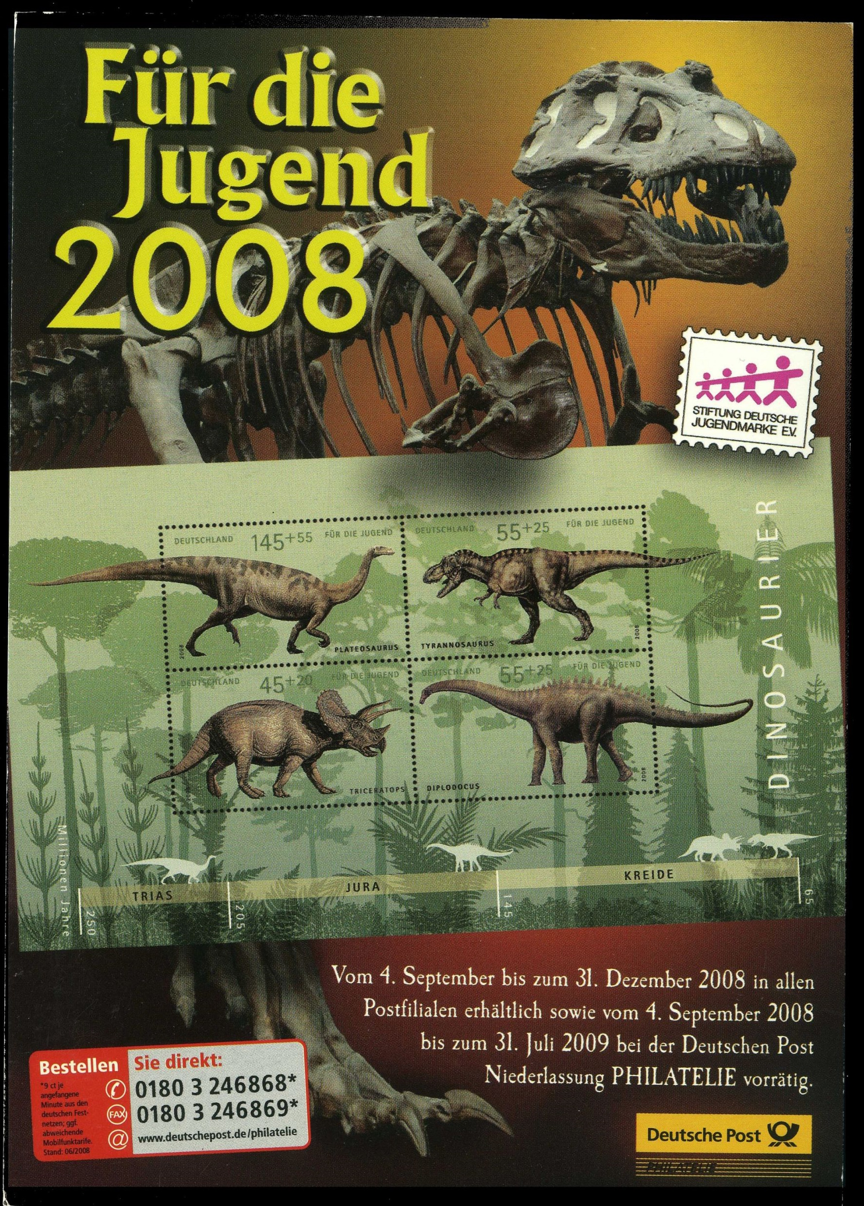 Promotional postcard of Deutsche Post, informed collectors about the issue of dinosaur stamps