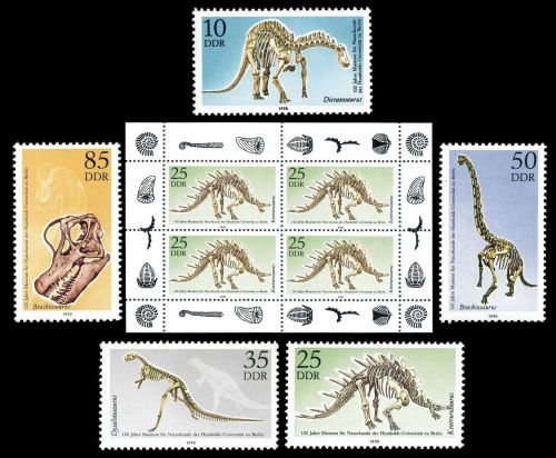 Fossils from collection of Natural Science Museum in Berlin on stamps of German Democratic Republic 1990