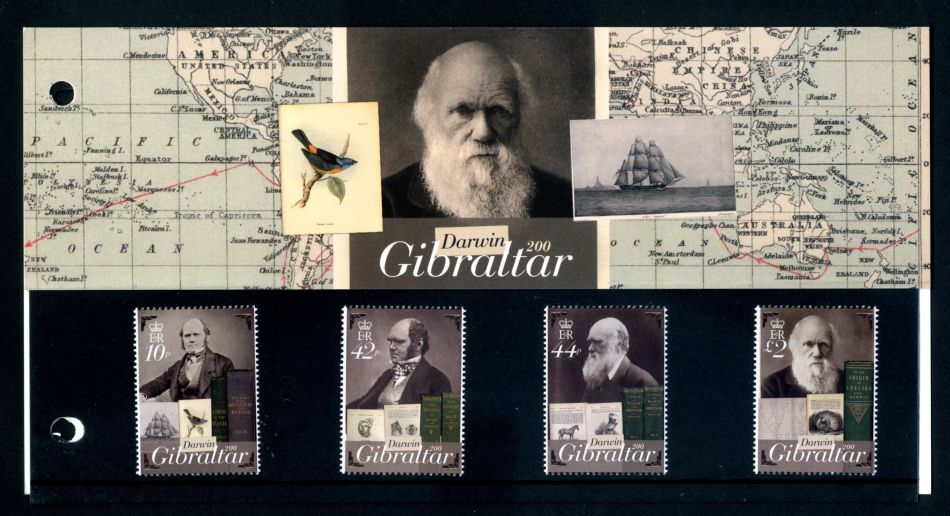 Charles Darwin stamps in presentation pack of Gibraltar 