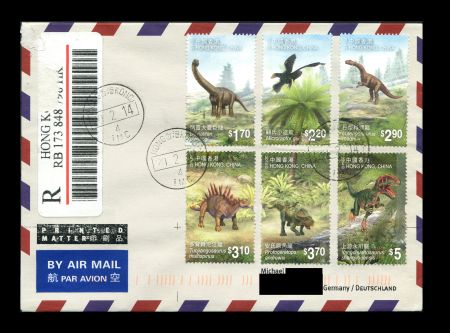 circulated cover with Chinese Dinosaurs stamps of Hong Kong 2014