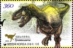 Tyrannosaurus dinosaur on stamp of South Korea 2012