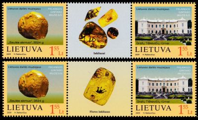 Insects and plants inclusions in  amber on stamp of Palanga Amber Museum of Lithuania 2009