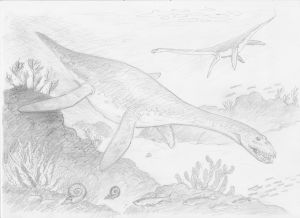 Sketch of Plesiosaur on stamp created by Jean-Marie POISSENOT
