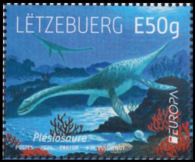 Reconstruction of Plesiosaurus in its living environment on stamp of Luxembourg 2024