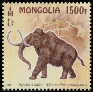 Woolly mammoth, Mammuthus primigenius, on stamp of Mongolia 2023