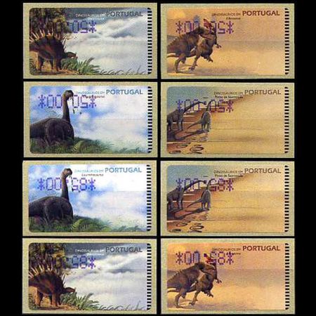 dinosaurs ATM stamps of Portugal 1999 with inverter currency text printed by Amiel machine