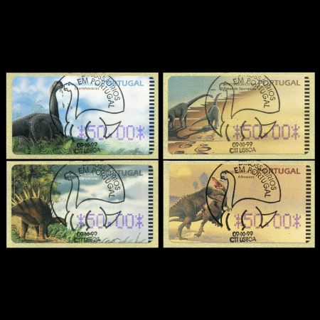 CTO dinosaurs ATM stamps of Portugal 1999 printed by Amiel machine
