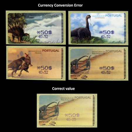 Currency conversion error at dinosaur ATM stamps of Portugal 2000 stamp