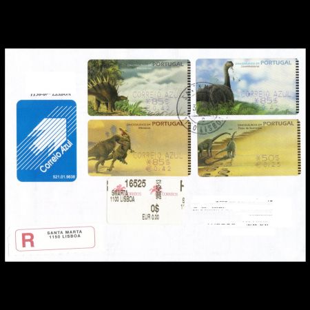 register letter with SMD dinosaur stamps of Portugal 2000 sent on the first day of issue