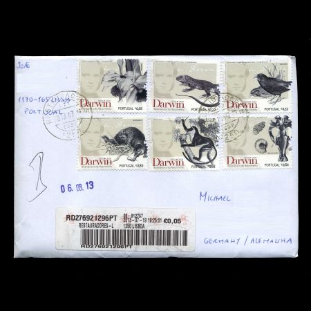 Charles Darwin stamps 2009 on used covers from Portugal