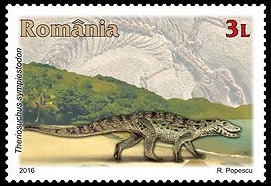 Theriosuchus sympiestodon on stamp of Romania 2016