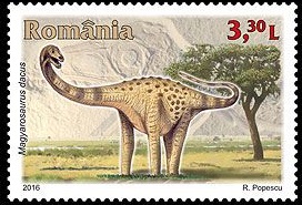 Dinosaur Magyarosaurus dacus on stamp of Romania 2016