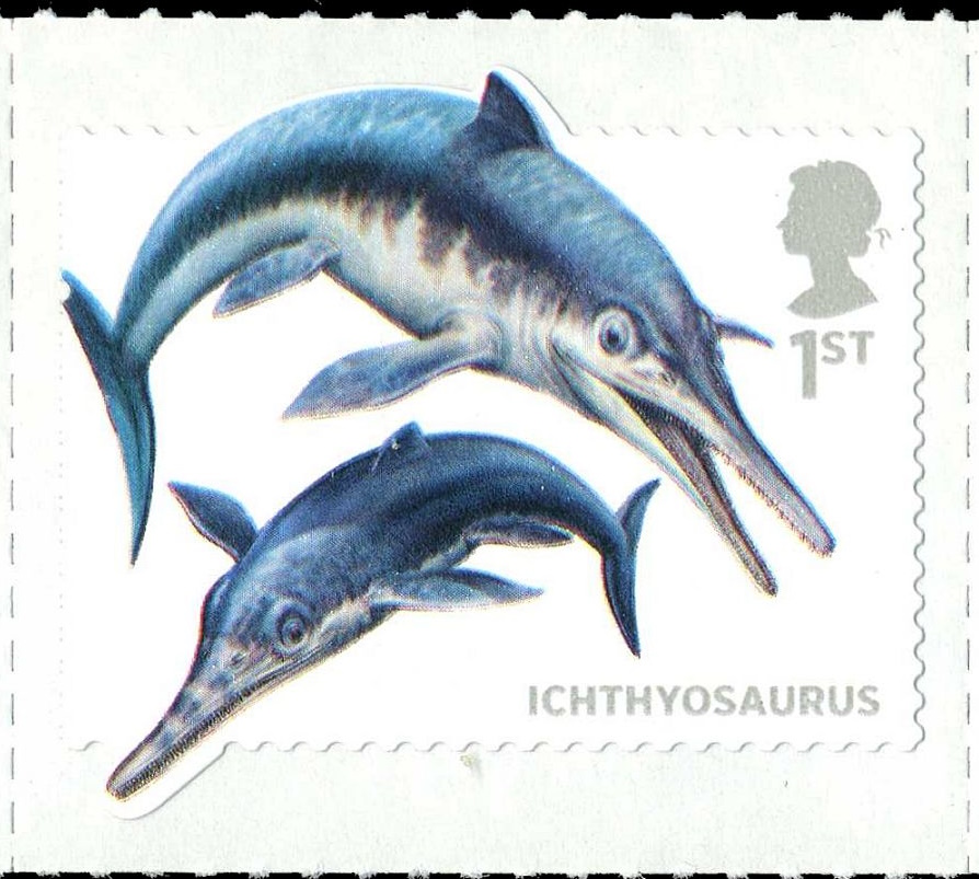 Ichthyosaurus reconstruction on postage stamp of Royal Mail 2013