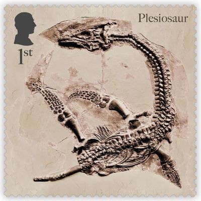Fossil of Plesiosaur on stamp of UK 2024