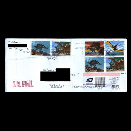 dinosaurs on used cover with stamps of USA 1989