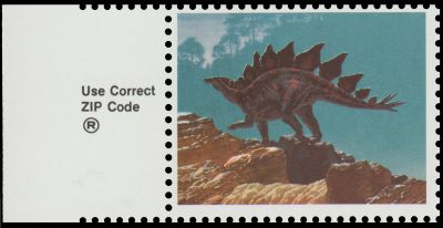Stegosaurus on stamp of USA 1989, with omitted black color/text