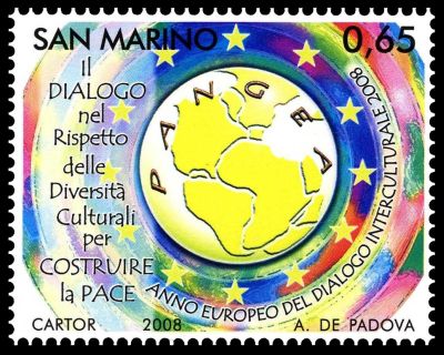 Pangea, an ancient supercontinent, on stamp of San Marino 2008