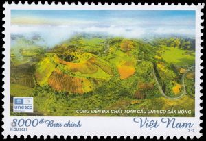 Landscape of Dak Nong UNESCO Geopark on stamp of Vietnam 2021