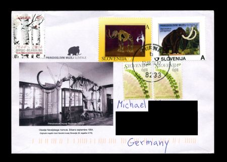Circulated cover with both stamps of 75 years of the discovery of a mammoth in Nevlje by Kamnik stamp of Slovenia 2013