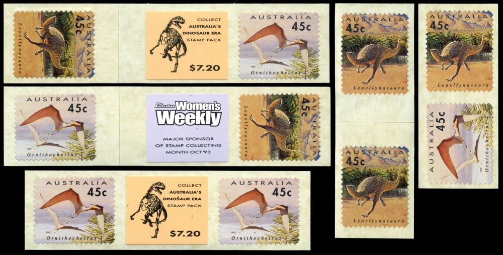 Variations of the fisrt self adhesive stamps from a roll with prehistoric animals on it