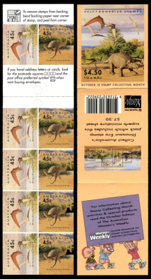 The first booklet of self adhesive stamps with prehistoric animals on it