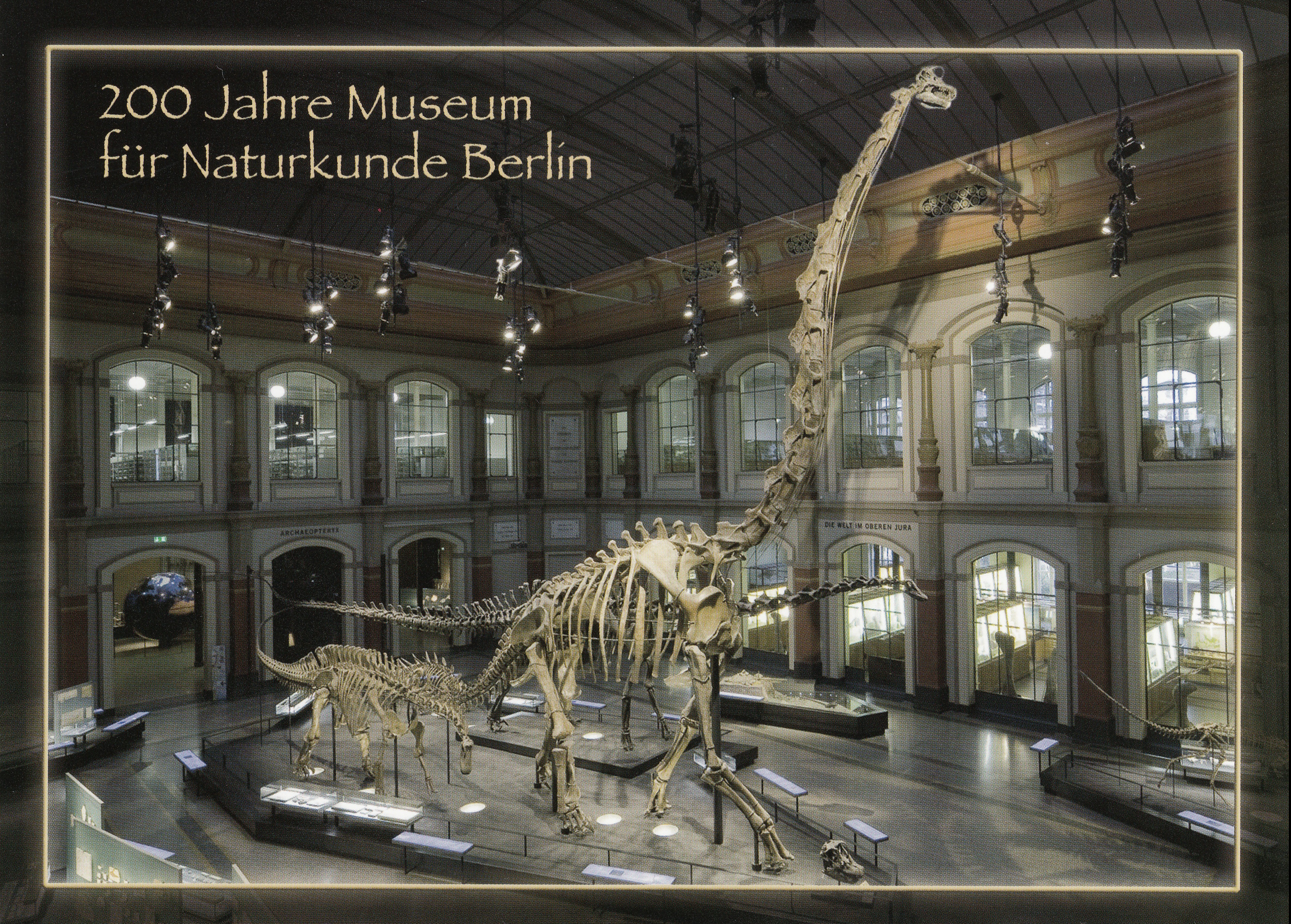 The skeleton of Brachiosaurus brancai after reconstruction in  2007 on postcard of Germany 2010