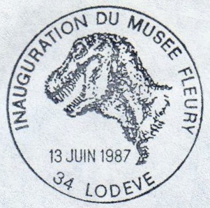 Dinosaur on inaguration of Fluery Museum in Lodeve on postmark of France 1987