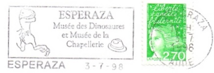 Dinosaur museum in Esperaza on postmark of France 1998-2000