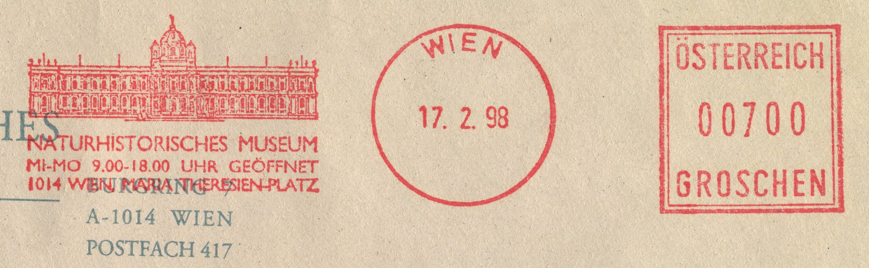 The Museum of Natural History Vienna on meter franking of Austria