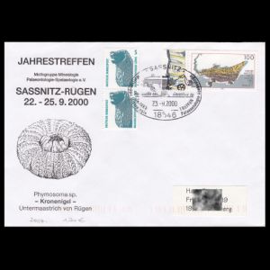 Fossils of prehistoric Sea urchin Phymosoma and Galerites on cachet and postmark of commemorative cover of Mineralogy-Paleontology-Speleology study unit, Germany 2000