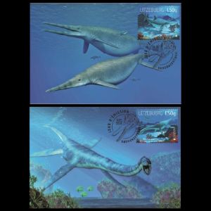 Ichthyosaur and Plesiosaur on Maxi Cards of Luxembourg 2024