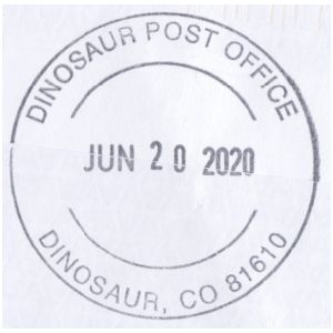 Postmark of Dinosaur town in Colorado, USA 2020