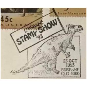 Muttaburrasaurus dinosaur on commemorative postmark of Australia 1993 - Brisbane